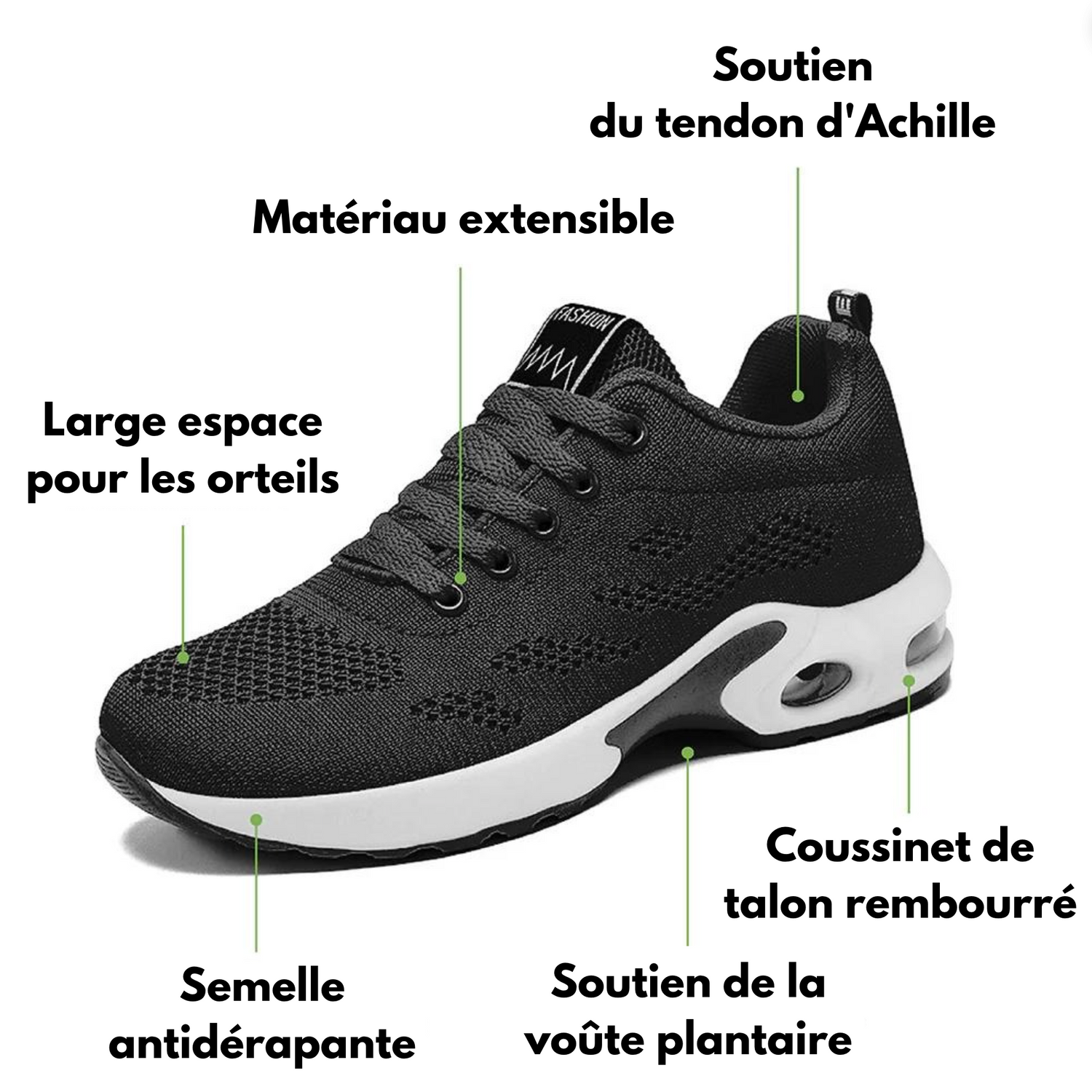 Détail des matériaux et features de la chaussure orthopédique OrthoBasket